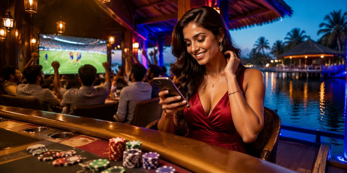 Indian lady using mobile for payments and lottery near Kerala backwaters
